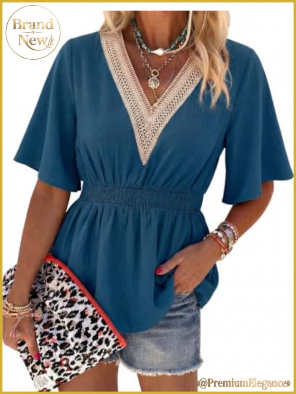 Peplum Tops for Women Lace Short Sleeve Smocked V-Neck Babydoll Blouse